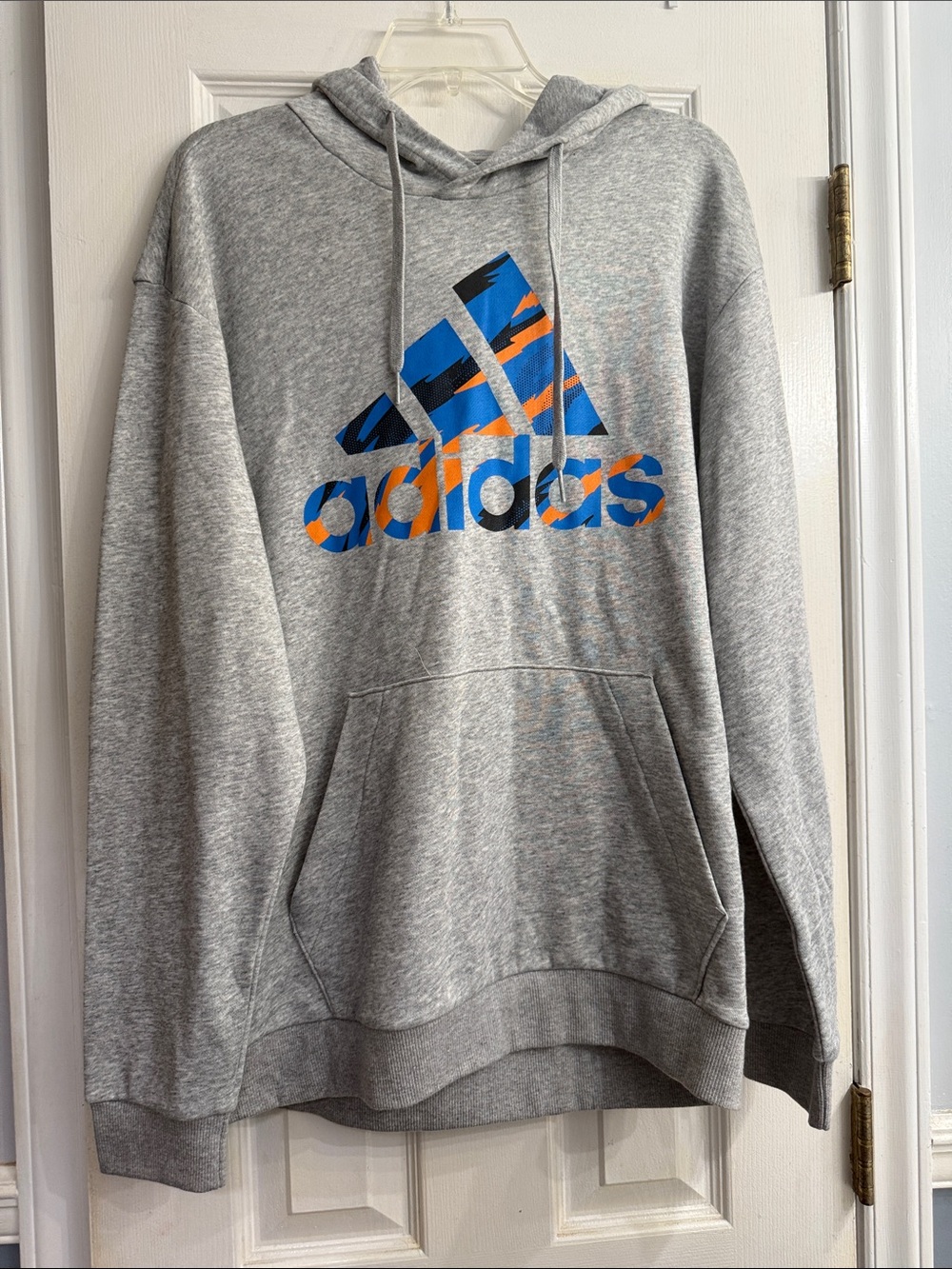 adidas Men’s Gray Crewneck Hoodie with Blue & Orange Logo